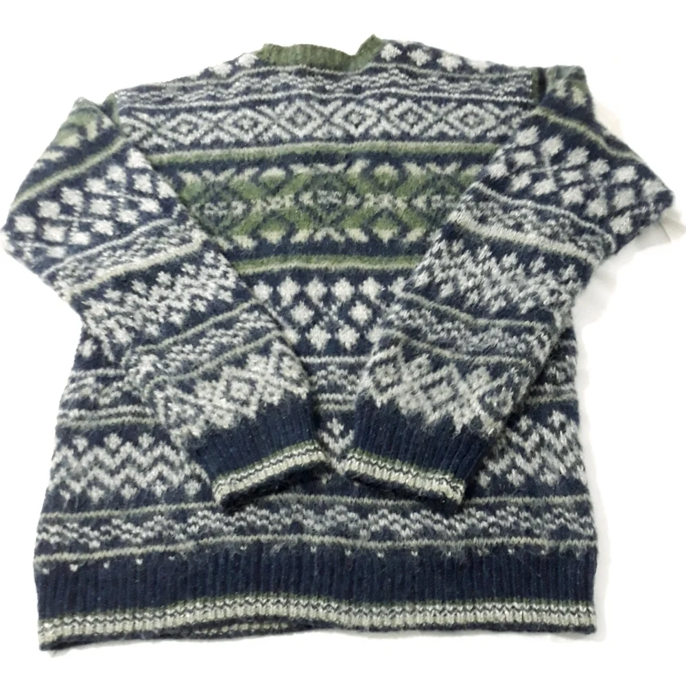 Vintage J.Crew 100% Wool Hand Knit Green and Blue Patterned Sweater Size M